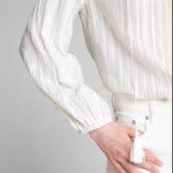 Boho Cotton Balloon Sleeve Metallic Stripe Cottagecore Blouse Ivory Off-white M - Picture 2 of 11